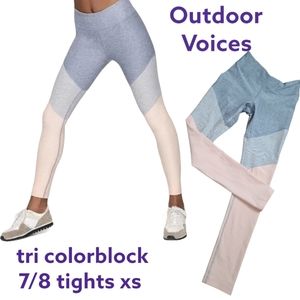 Outdoor Voices Women's tri colorblock 7/8 tights blue grey peach leggings xs